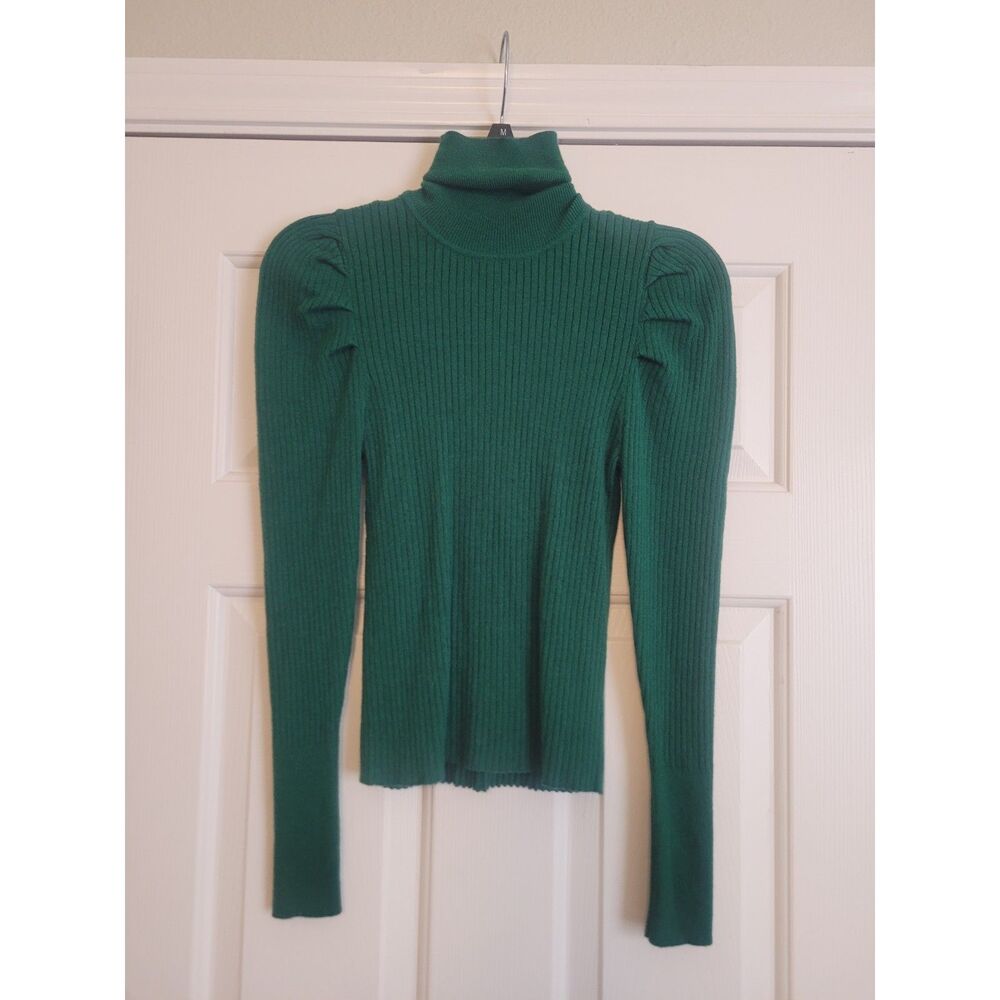 Green Ribbed Turtleneck Sweater Women Size M Puff Sleeve Fitted Knit Top